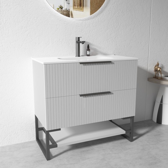 3D-2W 900x450x850mm Grey Floor Standing Plywood Vanity with Stainless Black Frame Leg And Shelf